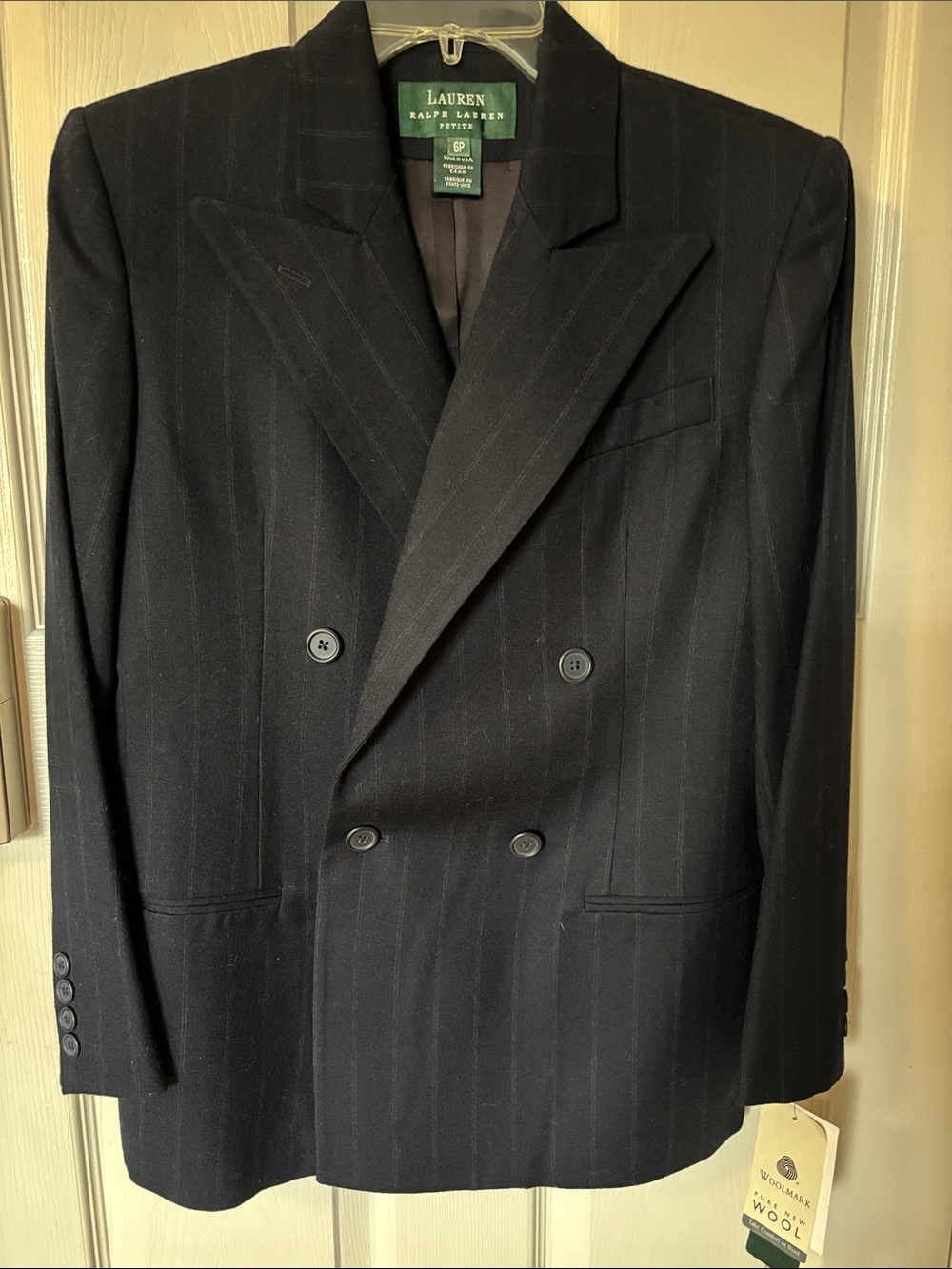 Ralph Lauren Women’s Pinstripe Double-Breasted Suit Blazer. Dark Navy/black